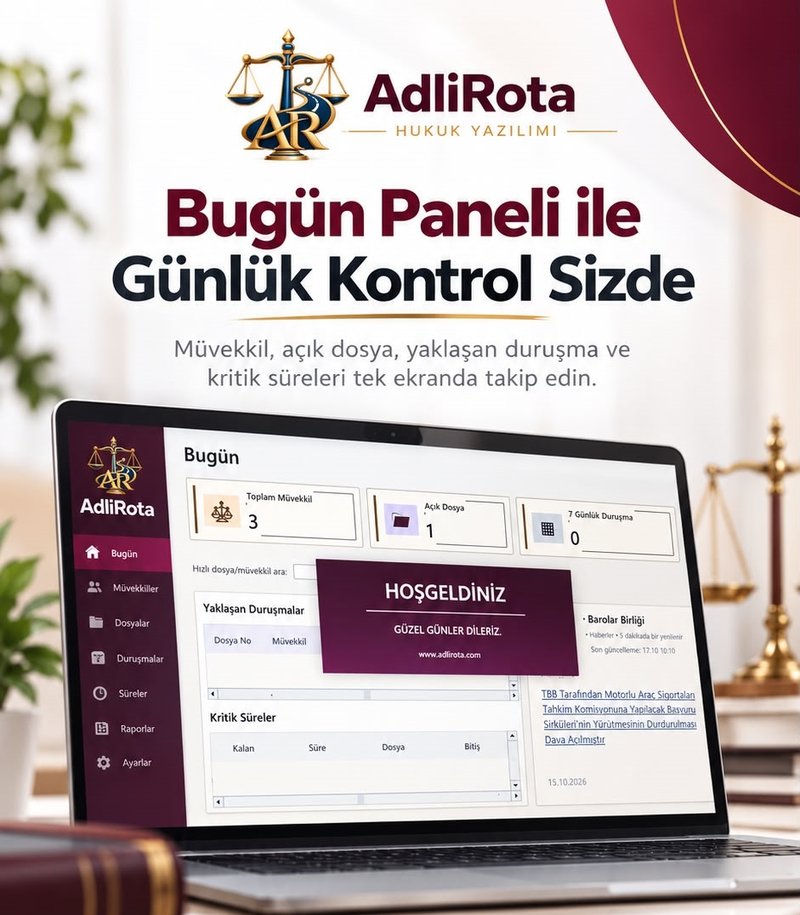 AdliRota Bugün Paneli: müvekkil, açık dosya, yaklaşan duruşma ve kritik süreler tek ekranda